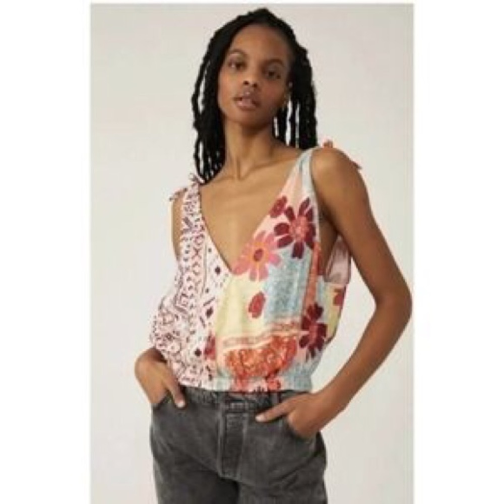 Free People | Floral Tie Shoulder Tank Tropical Combo Size Small Boho Beach - Picture 3 of 4